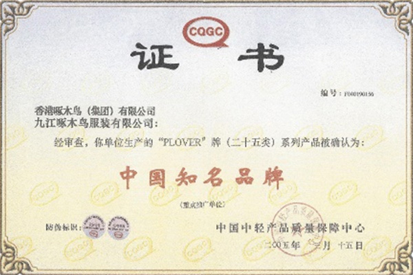 PLOVER被評爲(wei)“中(zhong)國(guo)服裝(zhuang)100強”